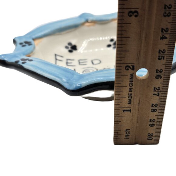 Feed The Kitty Cat Already Dish Bowl Blue White Paw Prints Artist Signed - Picture 4 of 6